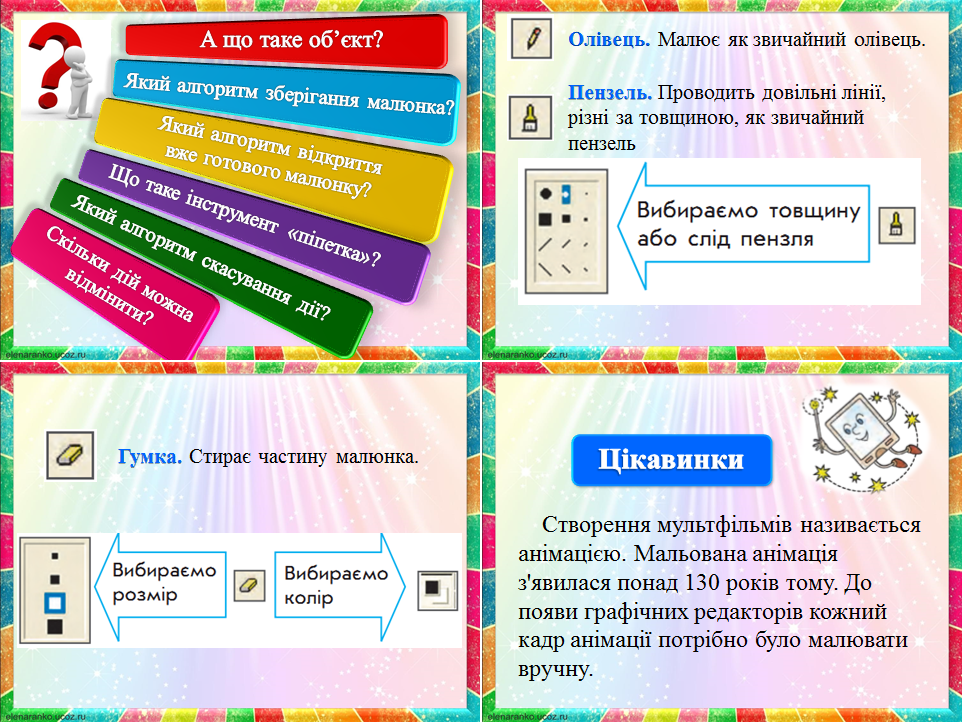 Використання інструментів олівець, пензель, ластик. Панелі налаштування інструментів. Створення об’єктів у середовищі графічного редактора