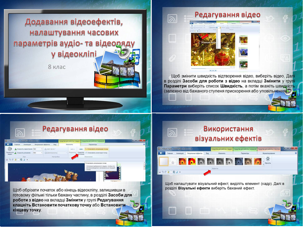 Урок 19. Додавання відеоефектів, налаштування часових параметрів аудіо- та відеоряду у відеокліпі